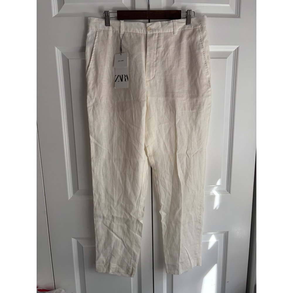 Zara Mens 100% Linen Pants Ivory Off White Straight Leg Trousers Size Large 32